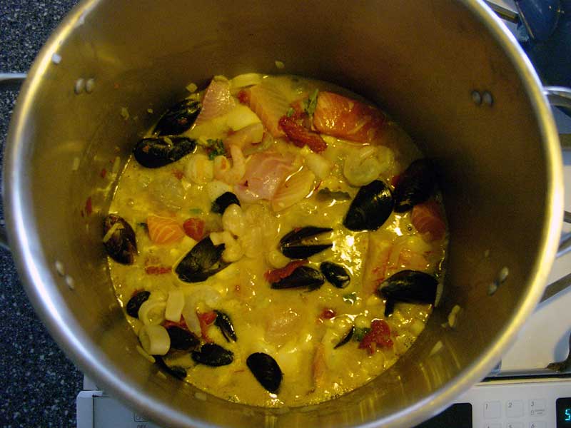The renowned French saffron fish stew or soup from Marseilles, Bouillabaisse, in the pot.